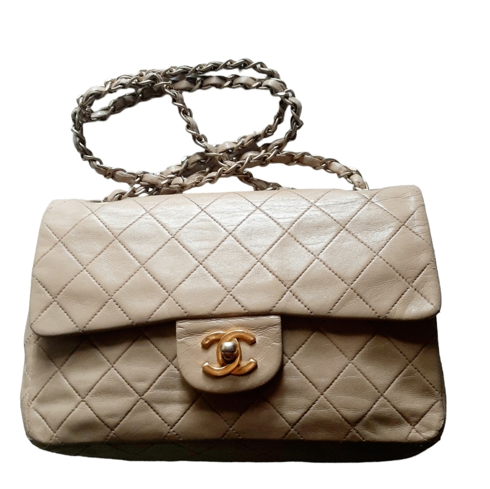 Vtg Chanel Classic Quilted Lambskin Double Flap Bag Beige Small 24k - Picture 7 of 16